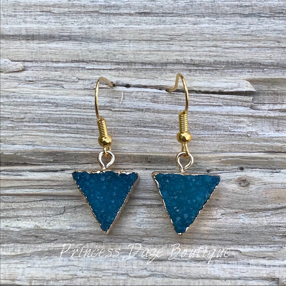 Gold‎ Blue Triangle Druzy Stone Dangle Earrings